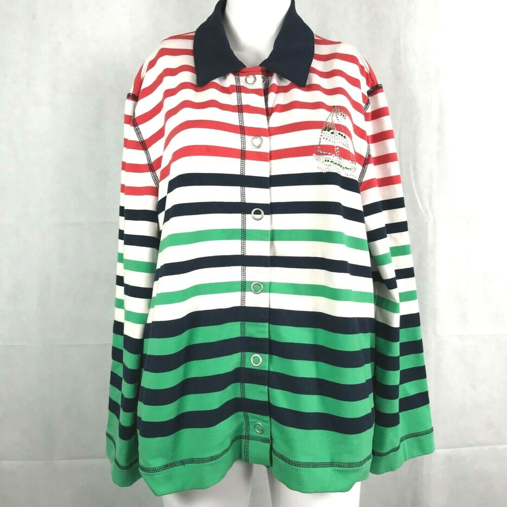 Alfred Dunner Jacket Womens Sz 14P White Stripe Rhinestone‎ Nautical Snaps